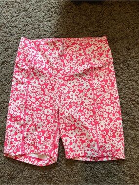 PINK Victoria's Secret Pink and White Floral High-Waist Athletic Shorts